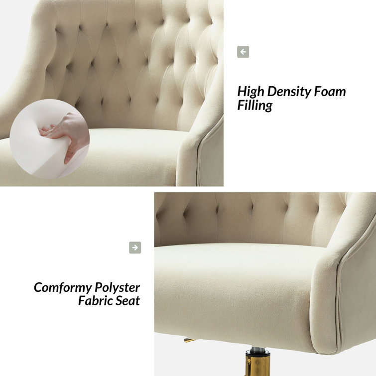 Tan Velvet Button-Tufted Swivel Task Chair with Gold Base