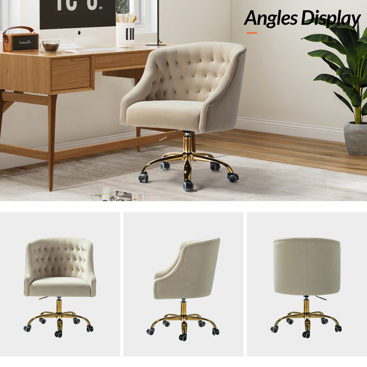 Tan Velvet Button-Tufted Swivel Task Chair with Gold Base