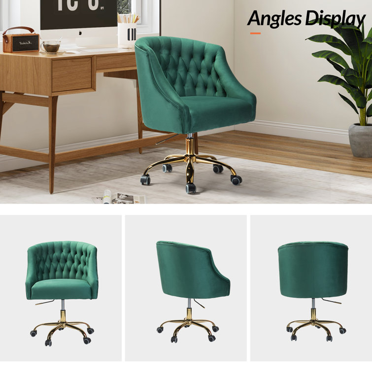 Ergonomic Green Velvet Task Chair with Gold Metal Legs