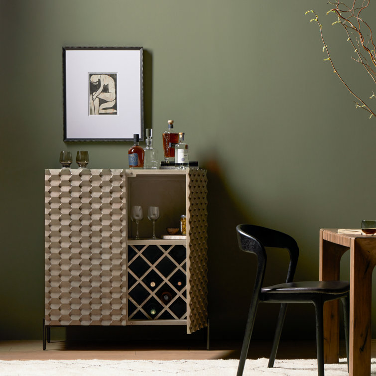 Stonewash Gray Mango Wood Carved Bar Cabinet