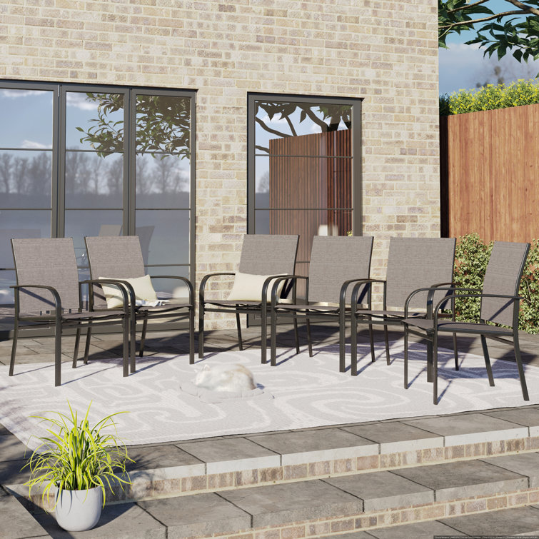 Argyri Black Steel Patio Dining Armchairs with Brown Cushions