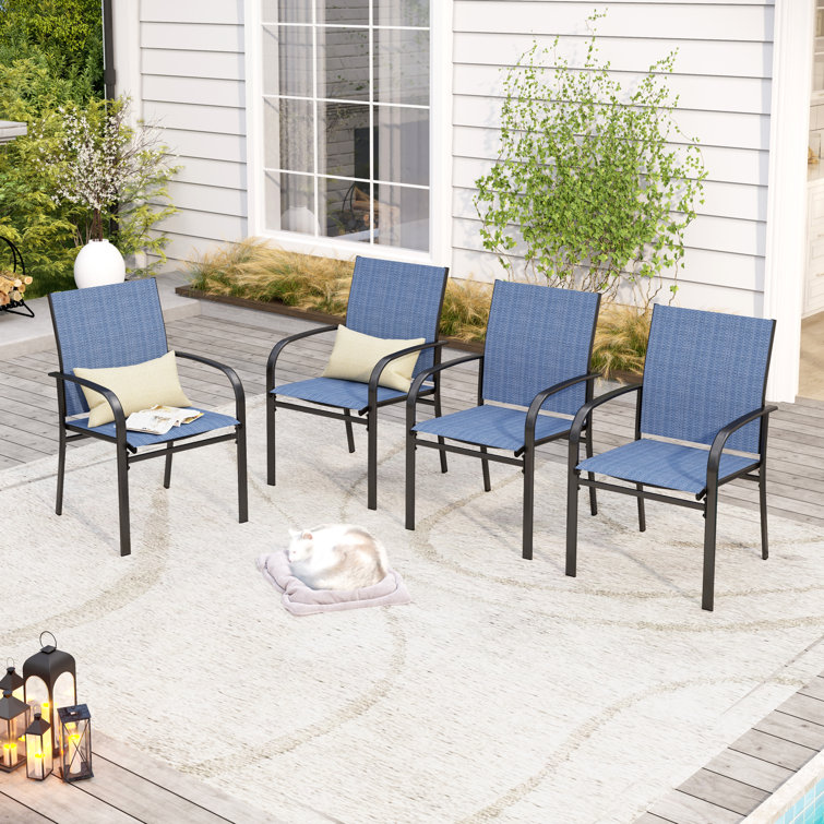 Blue and Black Ergonomic Steel Outdoor Dining Armchairs, Set of 4