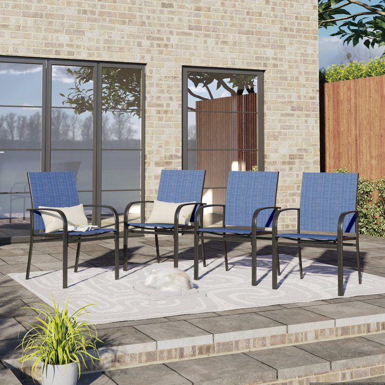 Blue and Black Ergonomic Steel Outdoor Dining Armchairs, Set of 4