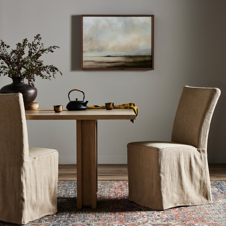 Cream Linen Upholstered Parsons Side Chair with Wood Frame