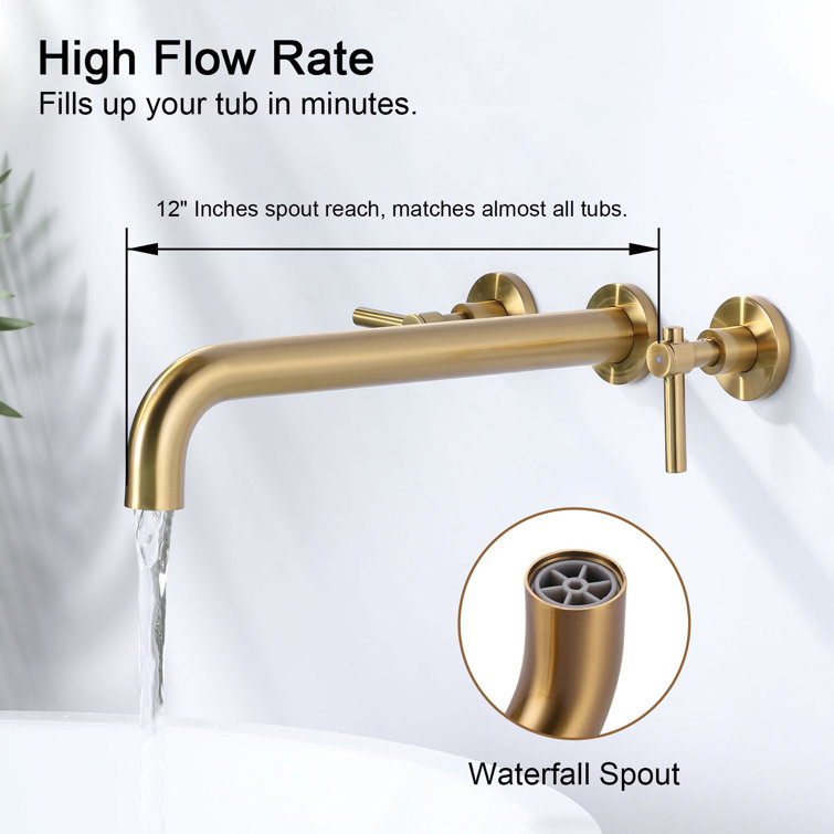 Brushed Gold Wall Mount Tub Filler Faucet with Lever Handles