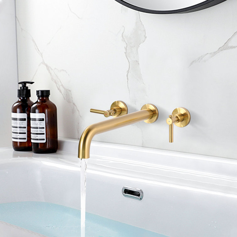 Brushed Gold Wall Mount Tub Filler Faucet with Lever Handles