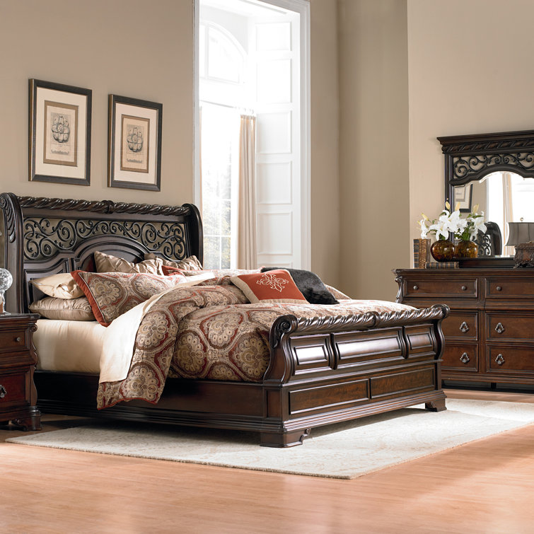 Queen Dark Brown Wood Sleigh Bed Set with Dresser and Mirror