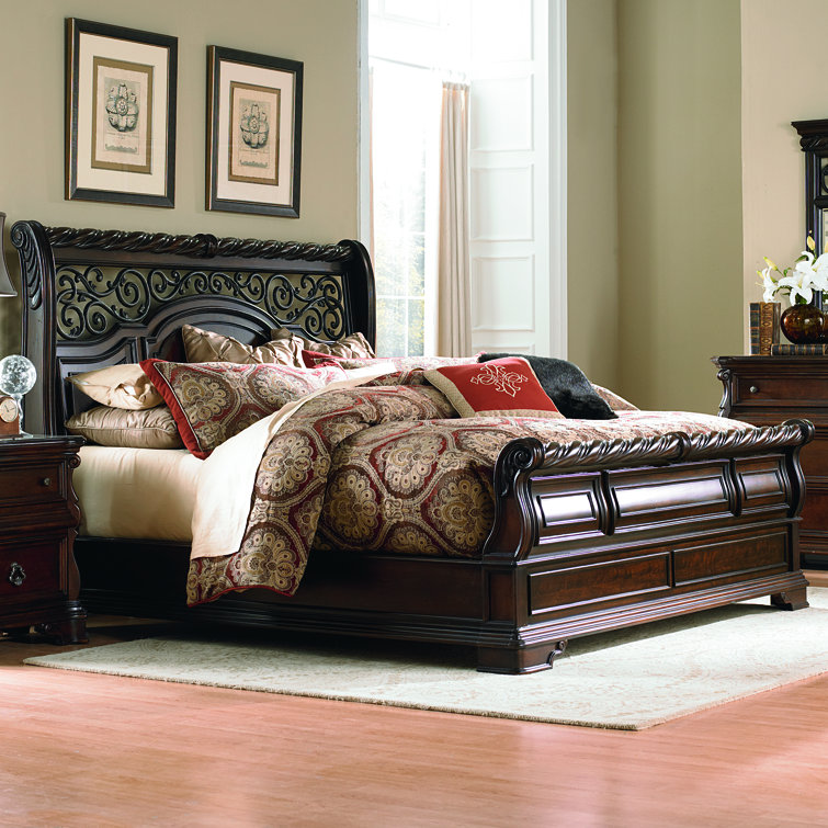 Queen Dark Brown Wood Sleigh Bed Set with Dresser and Mirror