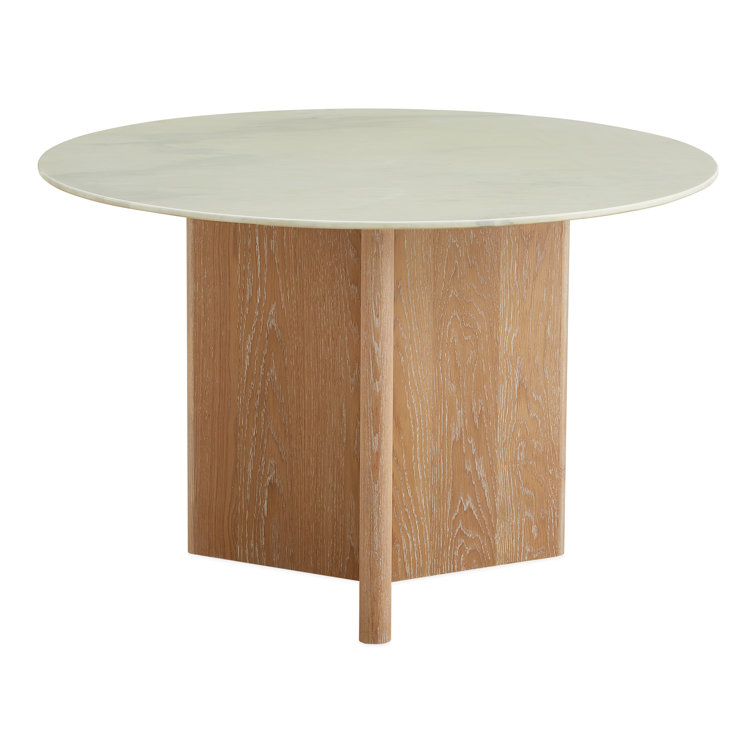 Round White Marble and Oak Dining Table for Six