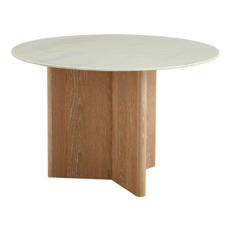 Round White Marble and Oak Dining Table for Six