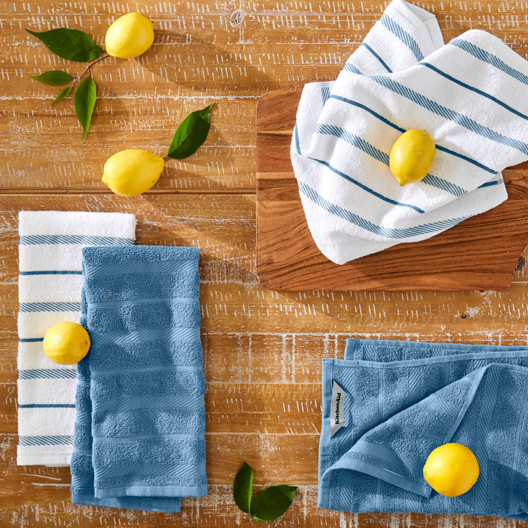 Blue Velvet and White Cotton Kitchen Towel Set, 4-Pack