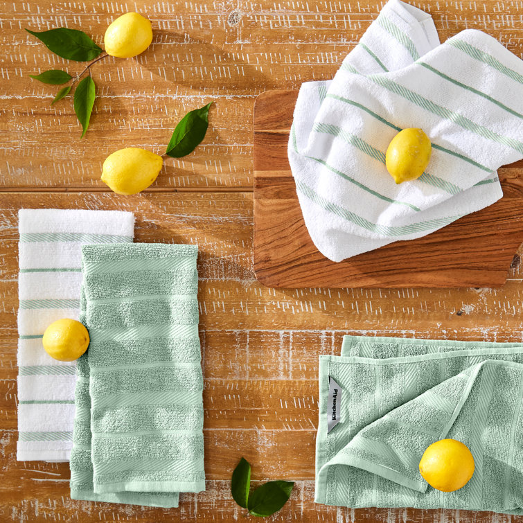 Pistachio Green and White Cotton Kitchen Towel Set of Four
