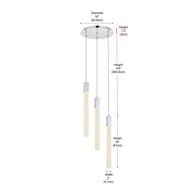 Aliha Chrome Finish 3-Light Cluster Pendant with Crystal Bars