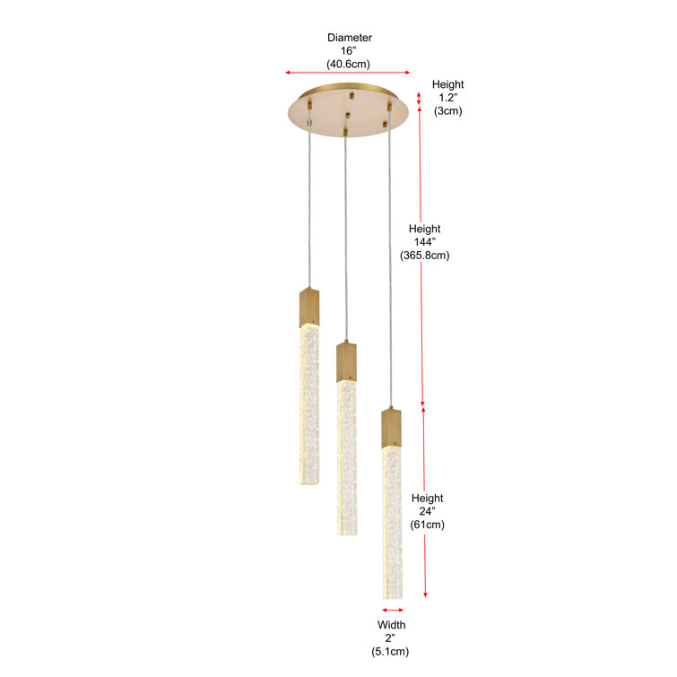 Satin Gold 3-Light LED Cluster Pendant with Crystal Bars