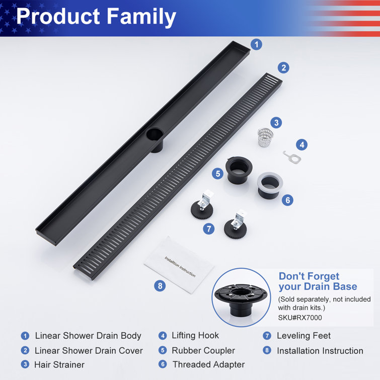 36'' Matte Black Stainless Steel Linear Grid Shower Drain