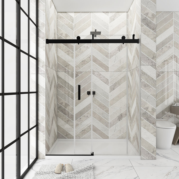 72'' Matte Black Frameless Sliding Shower Door with Clear Glass