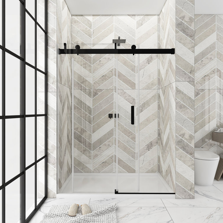 72'' Matte Black Frameless Sliding Shower Door with Clear Glass