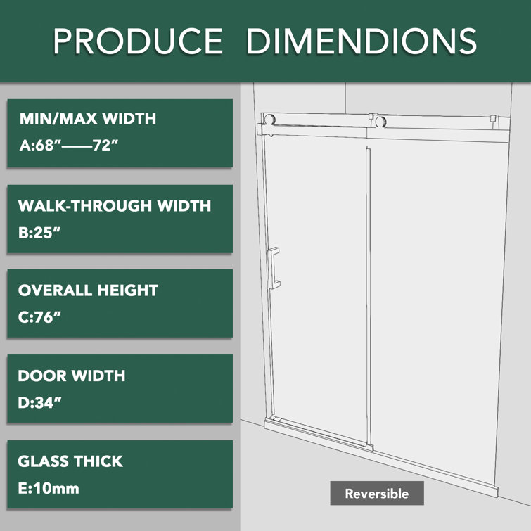 72'' Matte Black Frameless Sliding Shower Door with Clear Glass