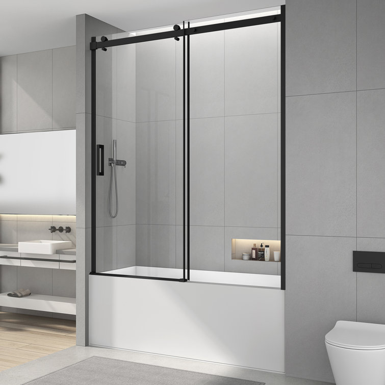 59" Black Aluminum Frameless Sliding Tub Door with Clear Tempered Glass