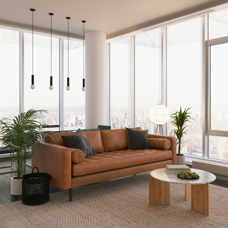 Cognac Tan Leather Tufted Sofa with Solid Wood Legs