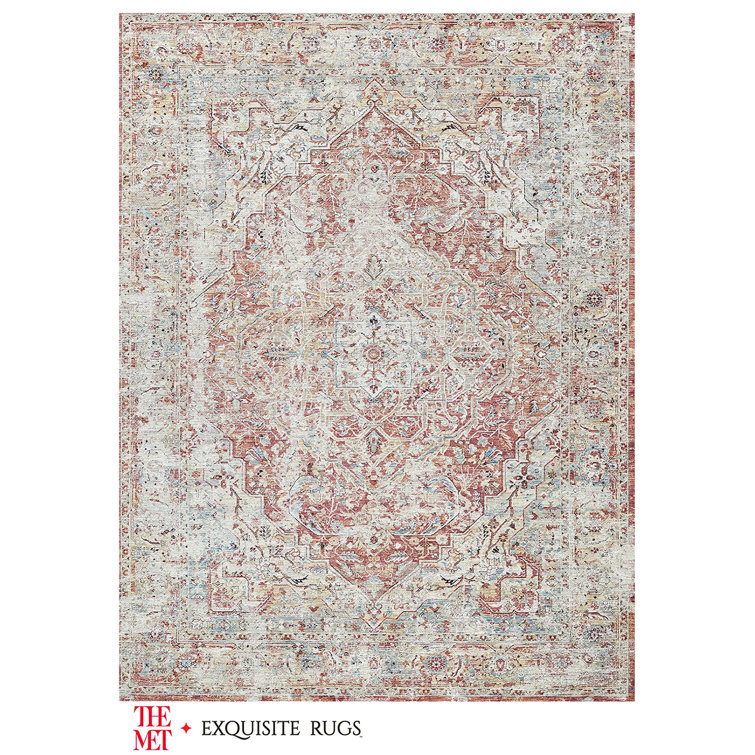 Antique Beige and Rust Distressed Synthetic Area Rug with Tassels