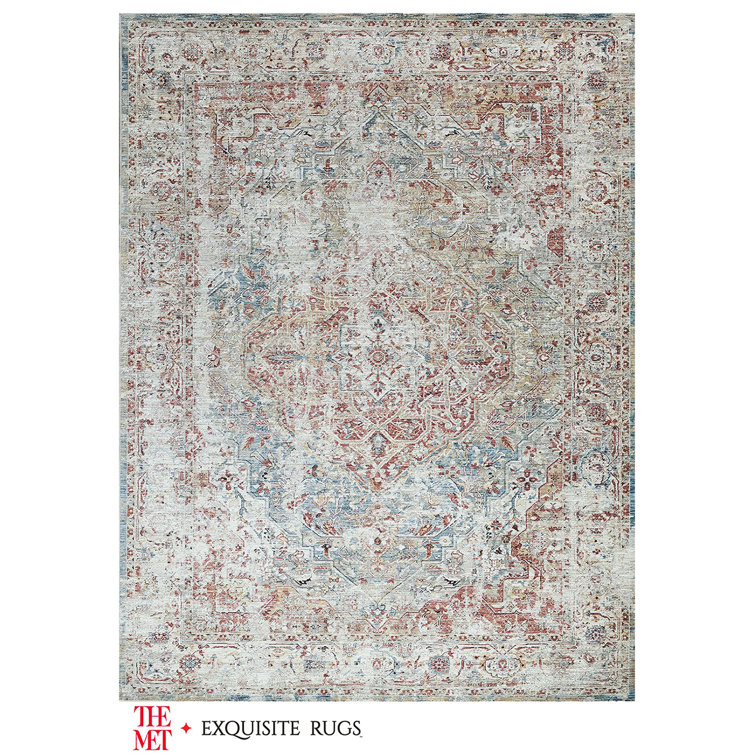 Hand-Knotted Red and Light Blue Wool Rectangular Rug 9' x 12'