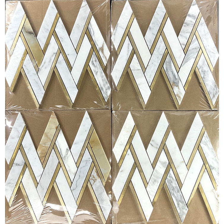 Calacatta Gold and Metal Herringbone Mosaic Wall Tile