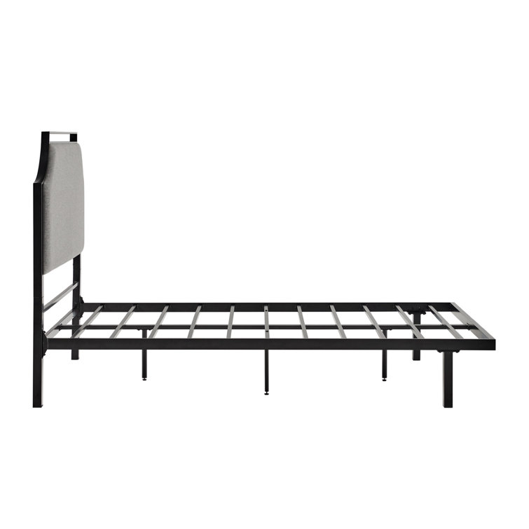 Gray Upholstered Metal Queen Bedframe with Headboard and Slats