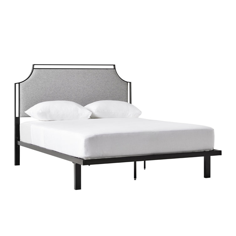 Gray Upholstered Metal Queen Bedframe with Headboard and Slats