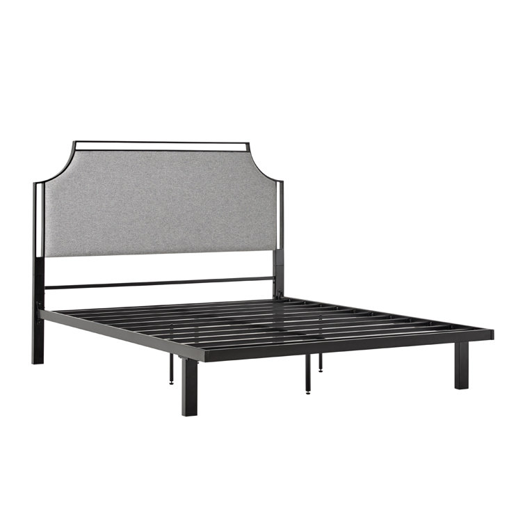 Gray Upholstered Metal Queen Bedframe with Headboard and Slats