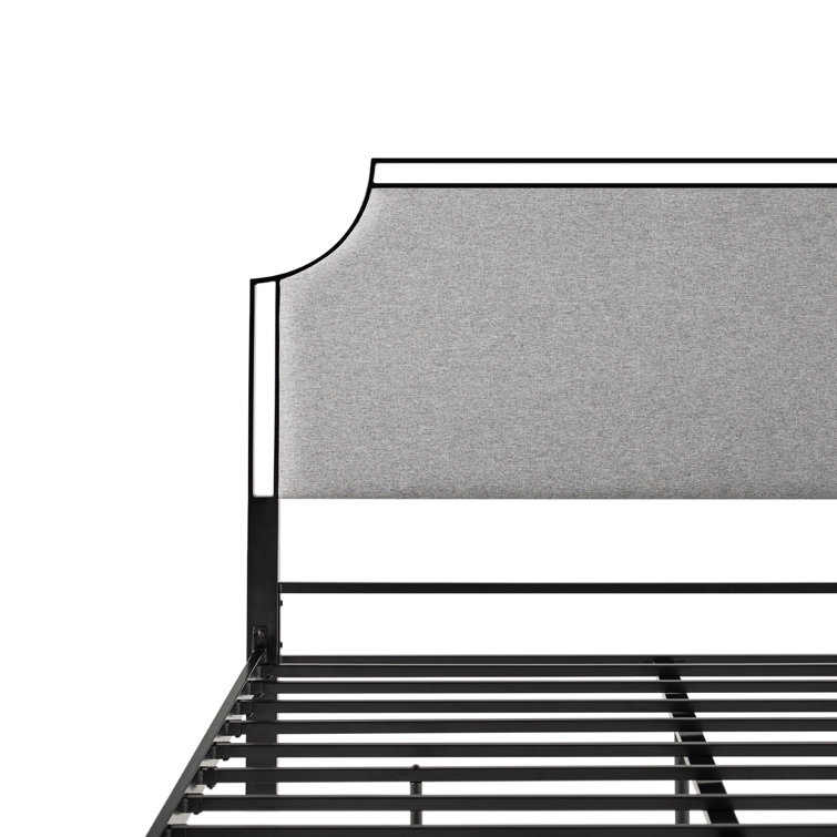 Gray Upholstered Metal Queen Bedframe with Headboard and Slats
