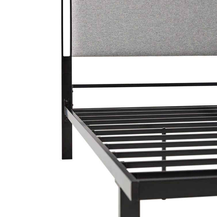 Gray Upholstered Metal Queen Bedframe with Headboard and Slats