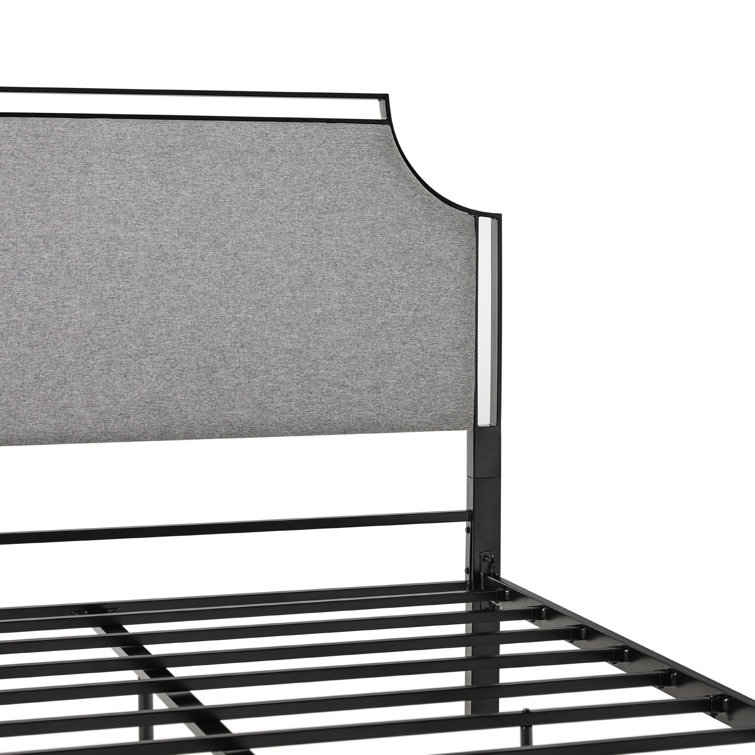 Gray Upholstered Metal Queen Bedframe with Headboard and Slats