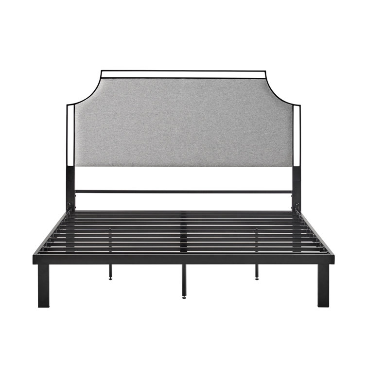 Gray Upholstered Metal Queen Bedframe with Headboard and Slats