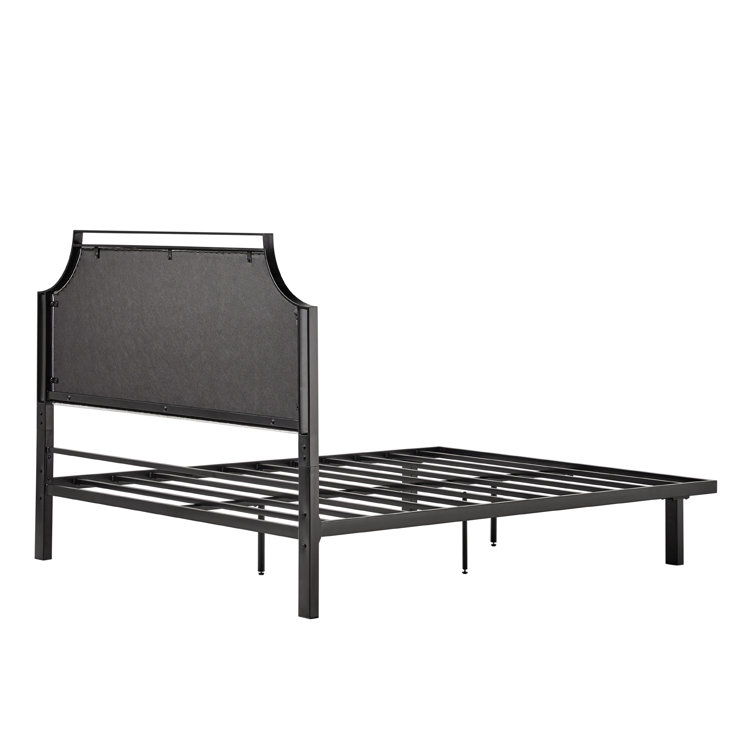Gray Upholstered Metal Queen Bedframe with Headboard and Slats