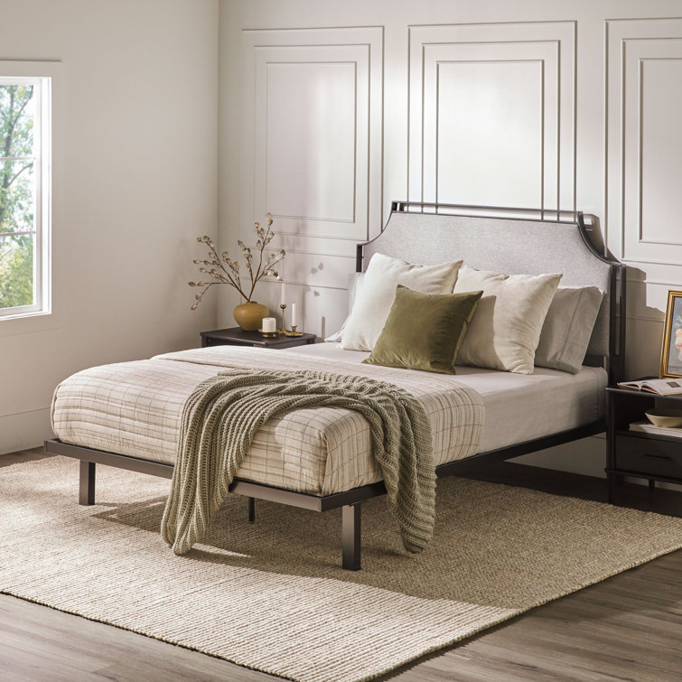 Gray Upholstered Metal Queen Bedframe with Headboard and Slats