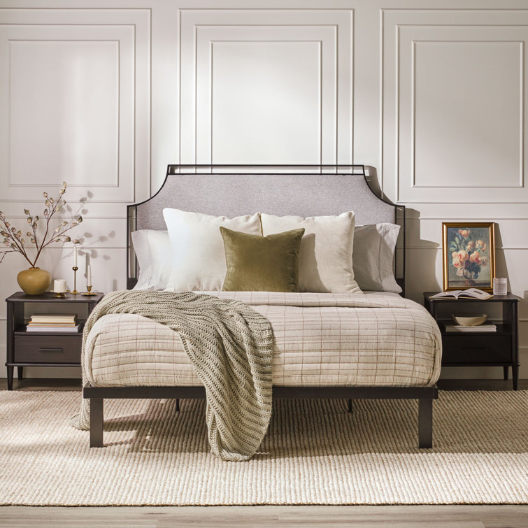 Gray Upholstered Metal Queen Bedframe with Headboard and Slats