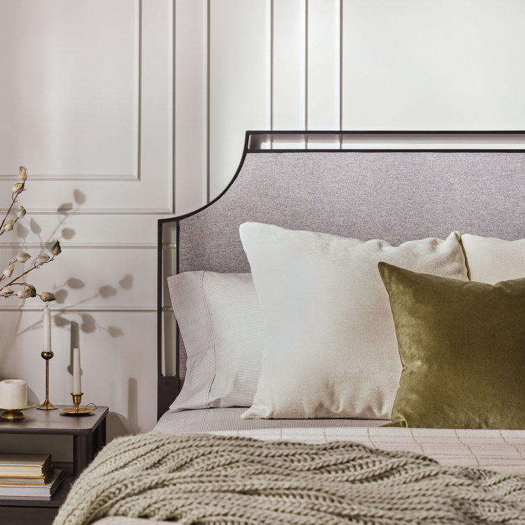 Gray Upholstered Metal Queen Bedframe with Headboard and Slats