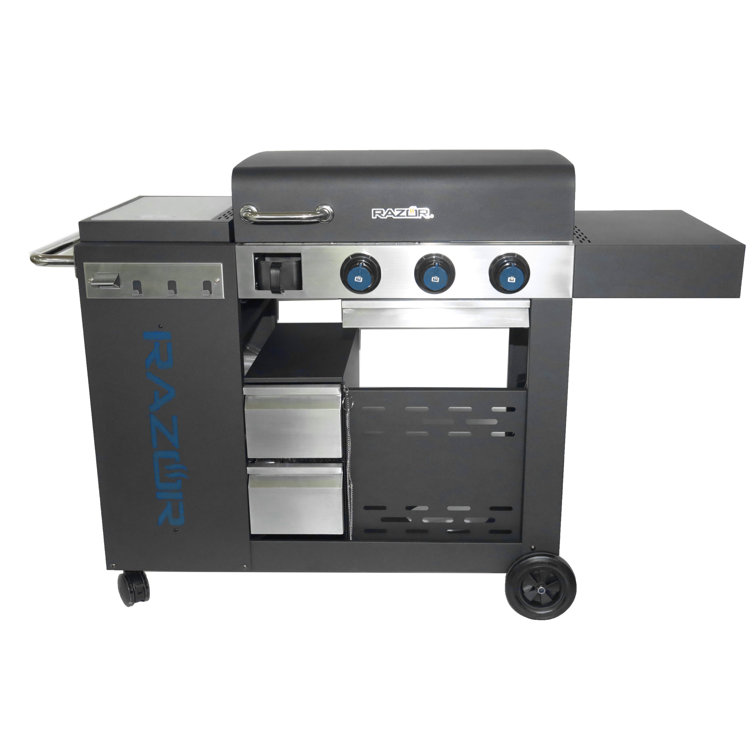 Black Stainless Steel 3-Burner Propane Gas Grill with Fixed Shelves