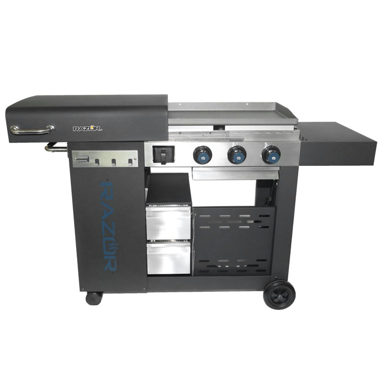 Black Stainless Steel 3-Burner Propane Gas Grill with Fixed Shelves