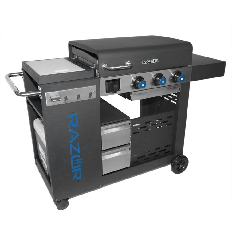 Black Stainless Steel 3-Burner Propane Gas Grill with Fixed Shelves