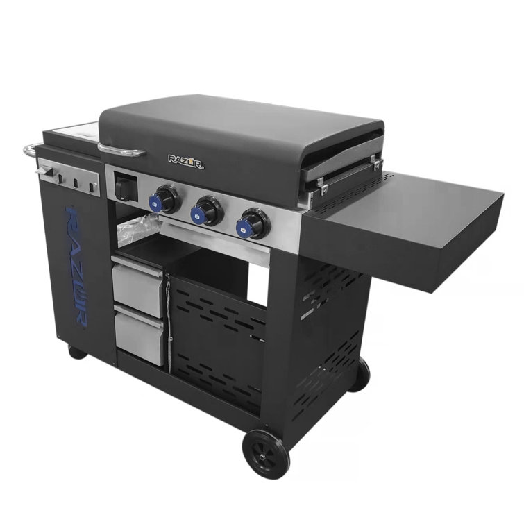 Black Stainless Steel 3-Burner Propane Gas Grill with Fixed Shelves