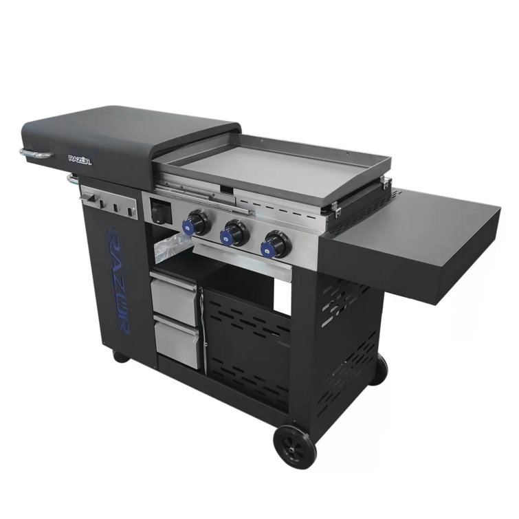 Black Stainless Steel 3-Burner Propane Gas Grill with Fixed Shelves