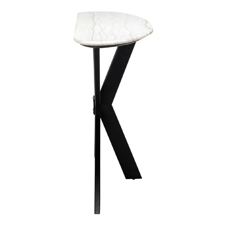 White Marble and Black Iron Cross Leg Console Table