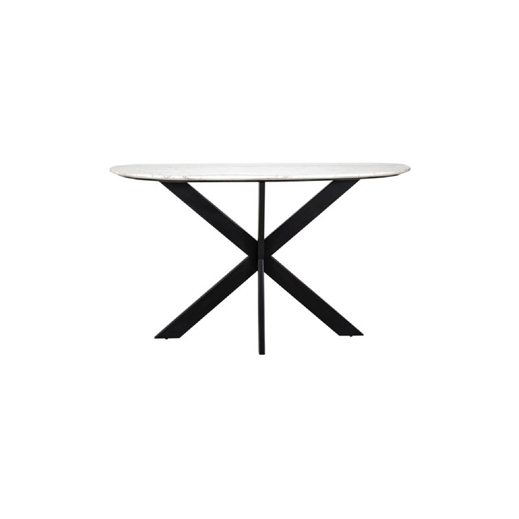White Marble and Black Iron Cross Leg Console Table