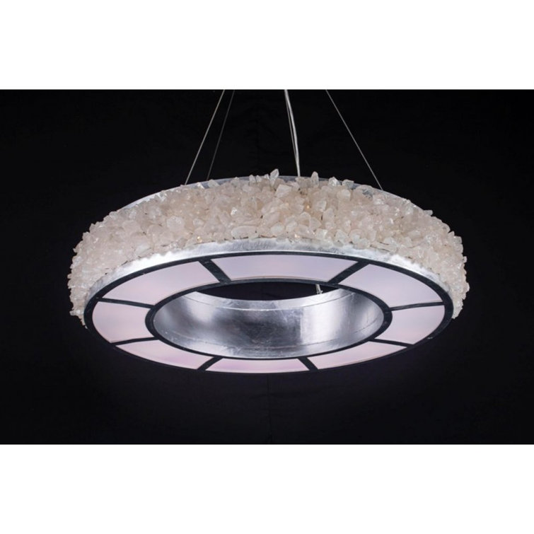 Champagne Gold Leaf 12-Light LED Drum Chandelier with Rough Cut Crystal Gems
