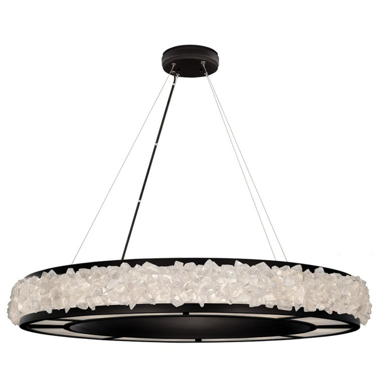 Champagne Gold Leaf 12-Light LED Drum Chandelier with Rough Cut Crystal Gems