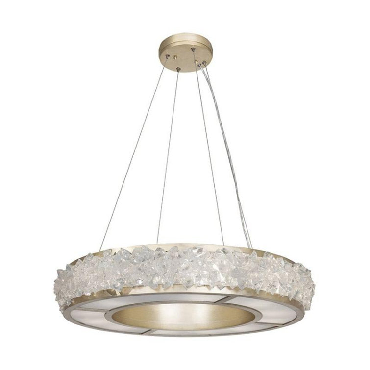 Champagne Gold Leaf 12-Light LED Drum Chandelier with Rough Cut Crystal Gems