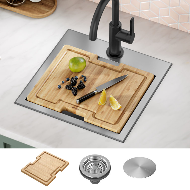 Kore 15" Stainless Steel Single Basin Bar Sink with Bamboo Cutting Board