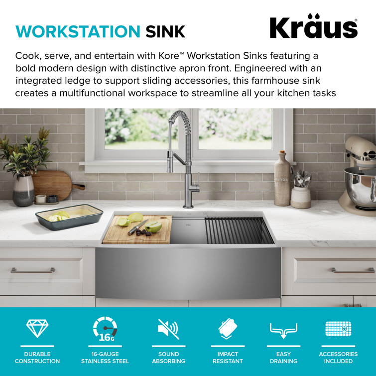 Kore 30-Inch Stainless Steel Farmhouse Workstation Sink with Accessories